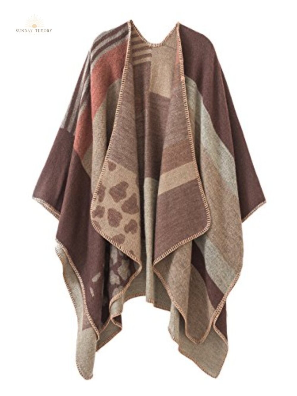 Women's Color Block Open Front Poncho Shawl Wrap Cape Ruana Polyester